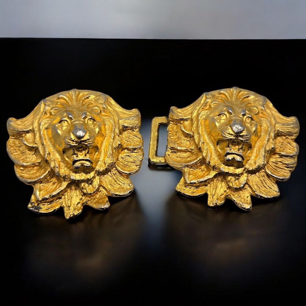 Retro Gold Tone 2-Piece Roaring Lion Head Metal Belt Buckle Vintage Collectable